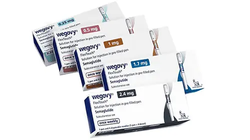 Wegovy weight loss injection boxes showing all available dose strengths